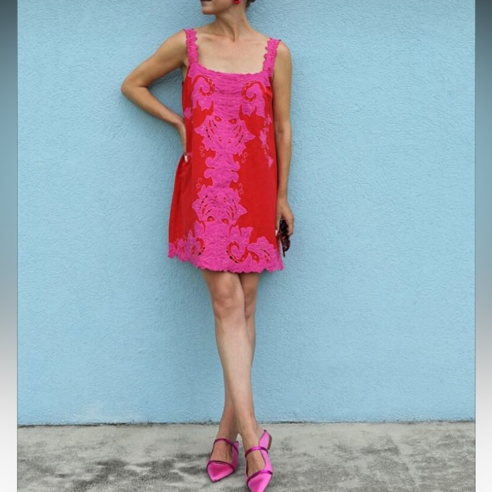 TOPSHOP Broderie Red/Pink Mini Shift Dress, 4, NWT